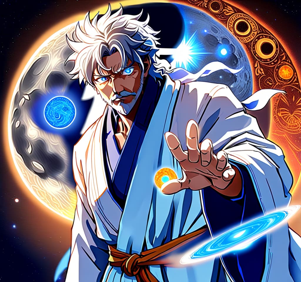  anime artwork space. on the left is the moon and on the right is the sun. god of balance, middle aged man, in white astral robe, sullen, with gray eyes with a shade of blue, the style of anime fantasy. in the hands is the matter of balance. . anime style, key visual, vibrant, studio anime, highly detailed, perfecteyes, perfect hands