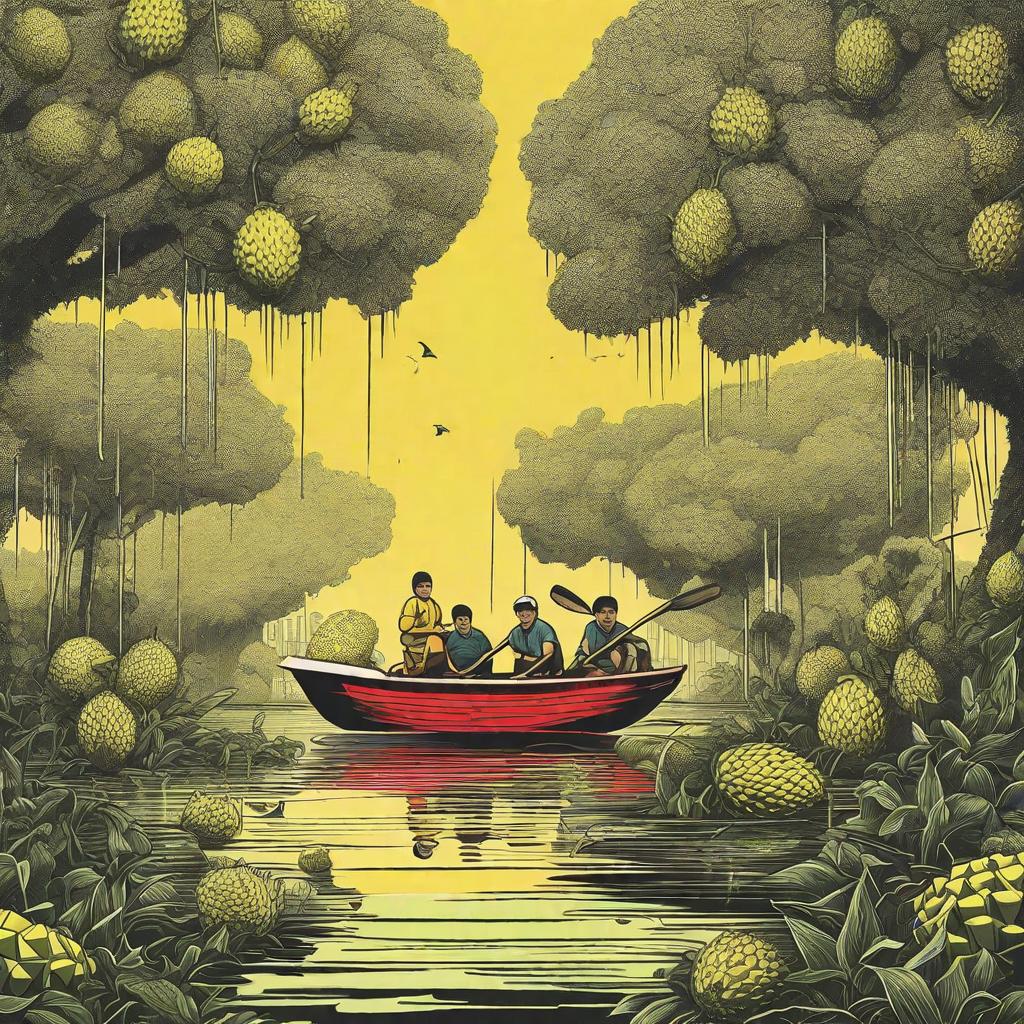  masterpiece, best quality, Imagine, in a verdant metropolis, on a vast dewy ground, a huge yellow durian rises like a skyscraper. In the foreground, a red small boat and two small adventurers are rowing on the reflective water surface. Due to their miniature perspective, the water surface appears vast and resembles a lake. The texture of leaves is like a road, and water droplets are like morning mist, creating a fresh and organic urban landscape. This ship is meticulous and full of vitality, forming a sharp contrast with the monochrome yellow durian. This scene is filled with a calm sense of adventure, as if these tiny characters find themselves in an unexplored macro world. Soft natural light passes through the canopy, highlighting complex