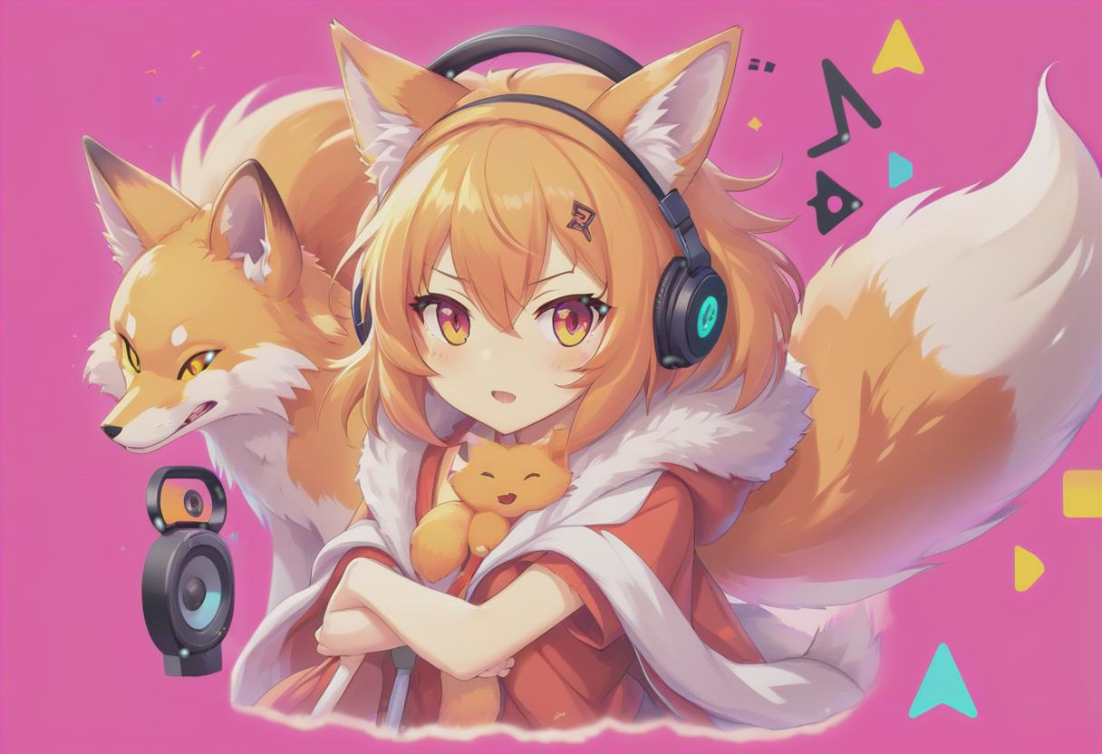  anime artwork internet radio logo, name "kitsune", lisa . anime style, key visual, vibrant, studio anime, highly detailed, sticker