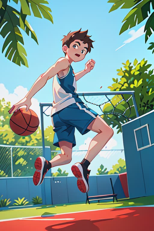  \"a young man is playing basketball on an outdoor court. the background is an outdoor basketball court in the late afternoon with soft sunlight. the young man is wearing a black sleeveless shirt and white shorts, caught mid jump as he shoots the basketball towards the hoop. his movement is dynamic and full of energy. the court has clear white lines and a neatly hung basketball net. the surface of the court is a deep red, surrounded by lush green trees and a bright blue sky.\" , advertising photo,high quality, good proportion, masterpiece , the image is captured with an 8k camera