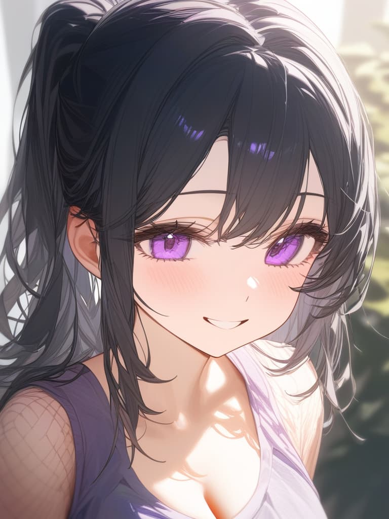  purple eyes, black hair long, pink mesh, smile, young, masterpiece, best quality,8k,ultra detailed,high resolution,an extremely delicate and beautiful,hyper detail