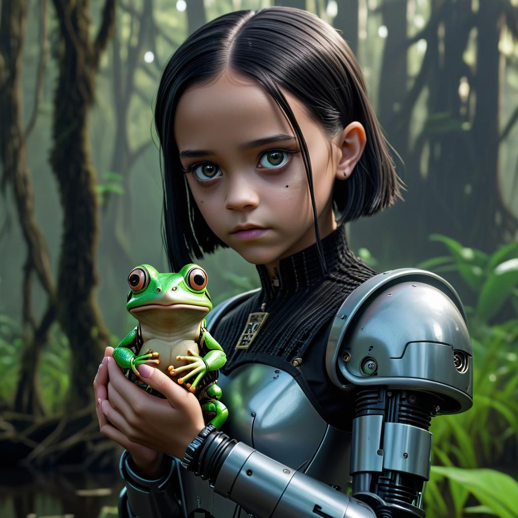  cybernetic robot against the background of the swamp, jenna ortega in the image of wednesday addams holds a frog in the palm of her hand, staring at it intently. . android, ai, machine, metal, wires, tech, futuristic, highly detailed, glowneon, perfect hands