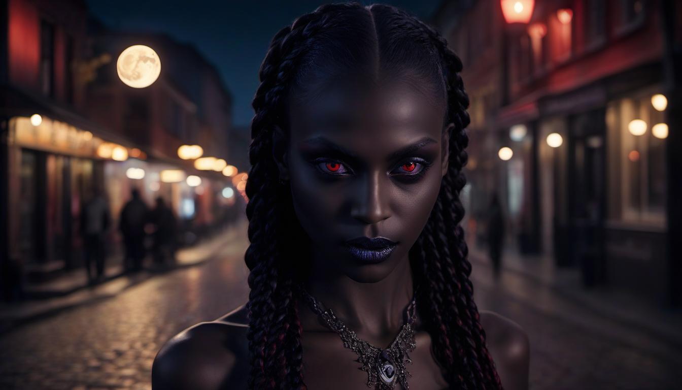  cinematic photo highly detailed three dimensional image. chic graceful black vampire, dark opalescent skin, long braids, large reflective honey eyes, with a clear contour of the lip, lush bust, ominous grin, near a small street cafe in the light of the moon. black red purple . 35mm photograph, film, bokeh, professional, 4k, highly detailed