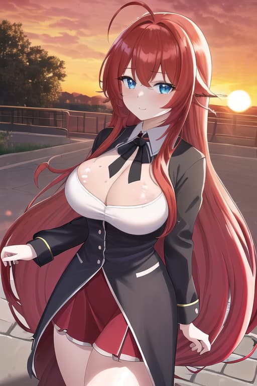  no mo ,masterpiece, best quality, 1women, long red hair, looking at viewer, :3, cute, black uniform, outdoors, streets, cow shot, curvy, (((blue eyes))), rias gremory, red hair, antenna hair, wavy hair, ((beautiful detailed eyes, beautiful detailed glow, lots of glow)), anime screencap,sunset, sunset behind her, sunset background, masterpiece, best quality, high quality, solo