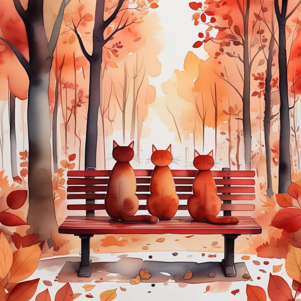  typographic art (painted) (watercolor) cute autumn forest background, autumn forest, soft shades, thin (ink outlines), objects on the edges of the sheet, many details, masterpiece, harmonious composition, autumn evening in a chestnut park, red brown colors, two cats are sitting on a bench, one cat is black and red, the second cat is white and red, the cats touch each other with their noses . stylized, intricate, detailed, artistic, text based