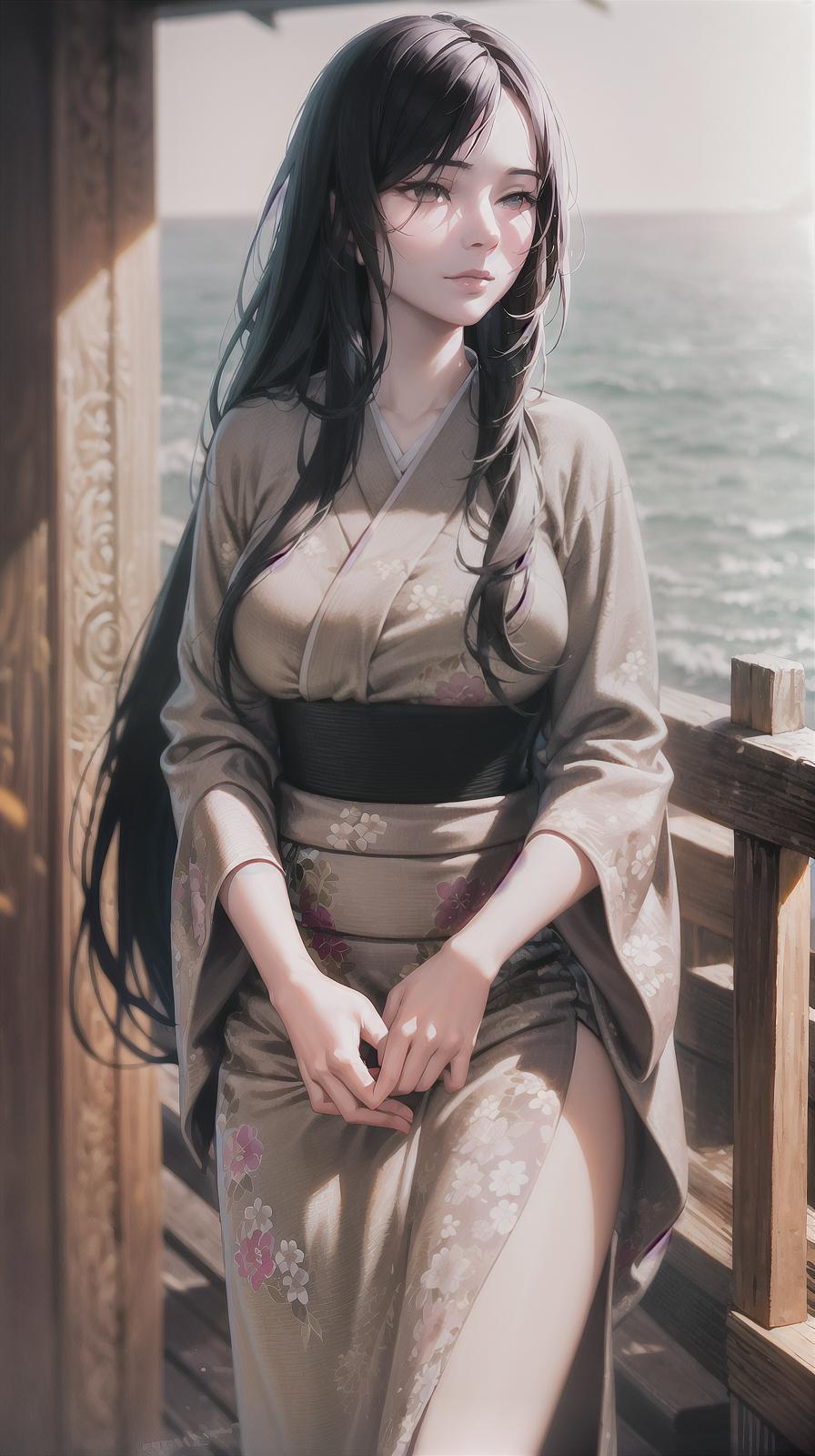  master piece , best quality,a beautiful young woman with long black hair, wearing a floral kimono, stands on a wooden deck overlooking the ocean. she has a wistful expression on her face as she gazes out at the water. the sunlight is warm and golden, casting a soft glow on her skin. the flowers in her hair and the floral pattern on her kimono add a touch of elegance and femininity to the scene. [photorealistic digital painting], [inspired by the work of greg rutkowski], [soft, warm lighting, focus on the woman's face and hair, shallow depth of field, realistic textures, vibrant colors, subtle bokeh effect]