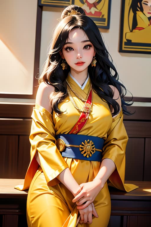  a woman with long, wavy hair wearing a thai traditional outfit with a gold silk sash., advertising photo,high quality, good proportion, masterpiece , the image is captured with an 8k camera