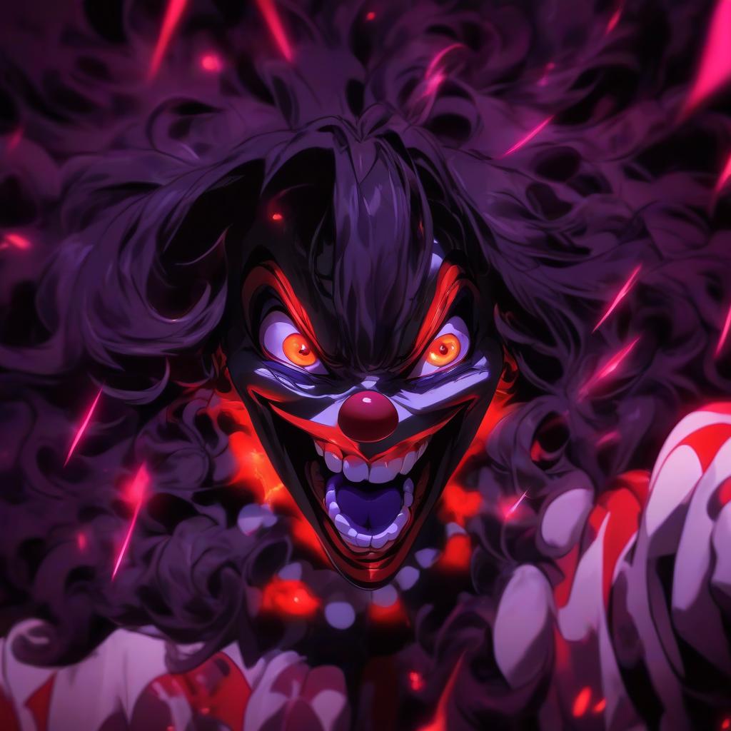  a close up of a person with a clown nose, albedo from the anime overlord, evil smile and glowing eyes, dark red background, she is attracting lightnings, perfect face template, psycho magick fuck it insane, long black shiny hair, chromostereopsis, vantablack, hello world, cgisociety, .ai