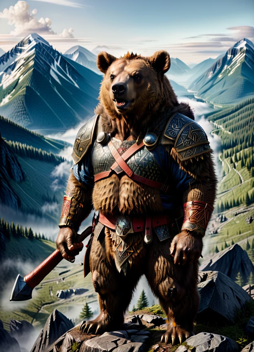  an evil bear stands on the side of a mountain, his body is wearing scandinavian armor, in his hands he holds an axe with runes,, civitai