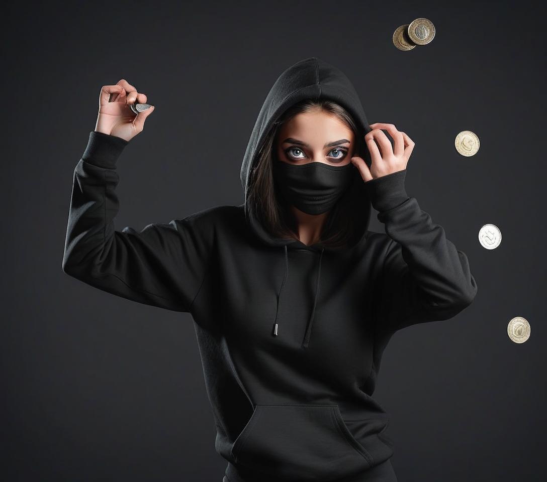  girl with gray eyes and dark hair in a black hoodie and black mouth mask, full height in a dance pose, against a dark background money and coins