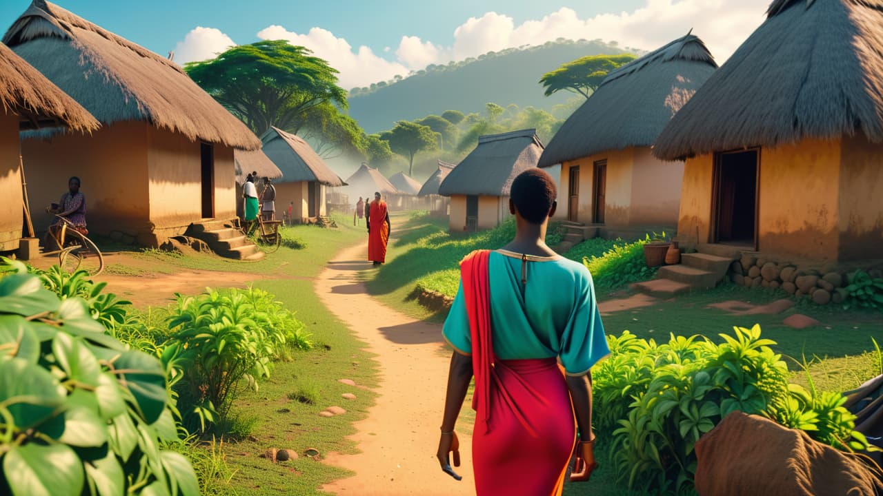  a vibrant african village scene with traditional huts, lush greenery, and villagers in colorful attire, juxtaposed with images of colonial intrusion, broken pottery, and scattered personal belongings, reflecting cultural clash and disintegration. hyperrealistic, full body, detailed clothing, highly detailed, cinematic lighting, stunningly beautiful, intricate, sharp focus, f/1. 8, 85mm, (centered image composition), (professionally color graded), ((bright soft diffused light)), volumetric fog, trending on instagram, trending on tumblr, HDR 4K, 8K