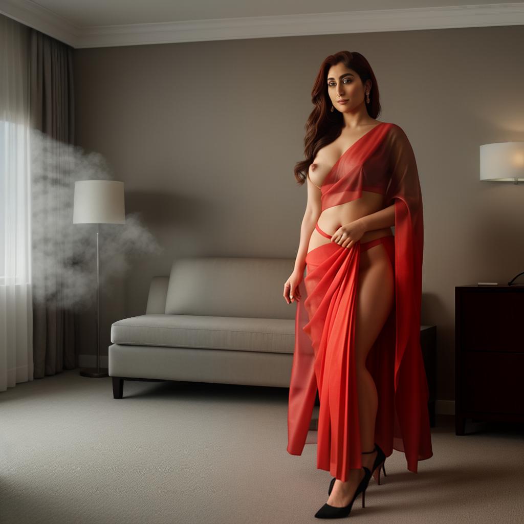  (((NSFW))). Curvy Kareena Kapoor, wearing a bold, red sari, posing confidently in a luxurious, high-end hotel suite. Highly detailed, ultra realistic, ultra high quality, 8k. , hyperrealistic, high quality, highly detailed, cinematic lighting, intricate, sharp focus, f/1. 8, 85mm, (centered image composition), (professionally color graded), ((bright soft diffused light)), volumetric fog, trending on instagram, HDR 4K, 8K