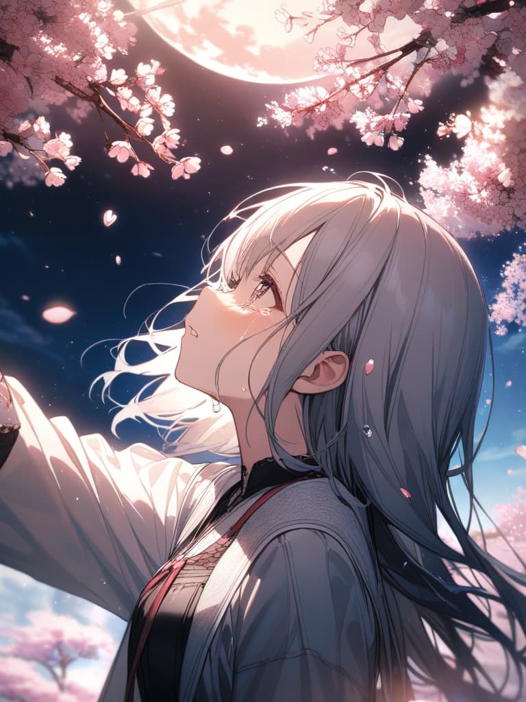  moon, starry sky, looking up at the sky, tears, girls, painful, cherry blossoms, cherry blossom petals scatter, profile, loli, crying, masterpiece, best quality,8k,ultra detailed,high resolution,an extremely delicate and beautiful,hyper detail