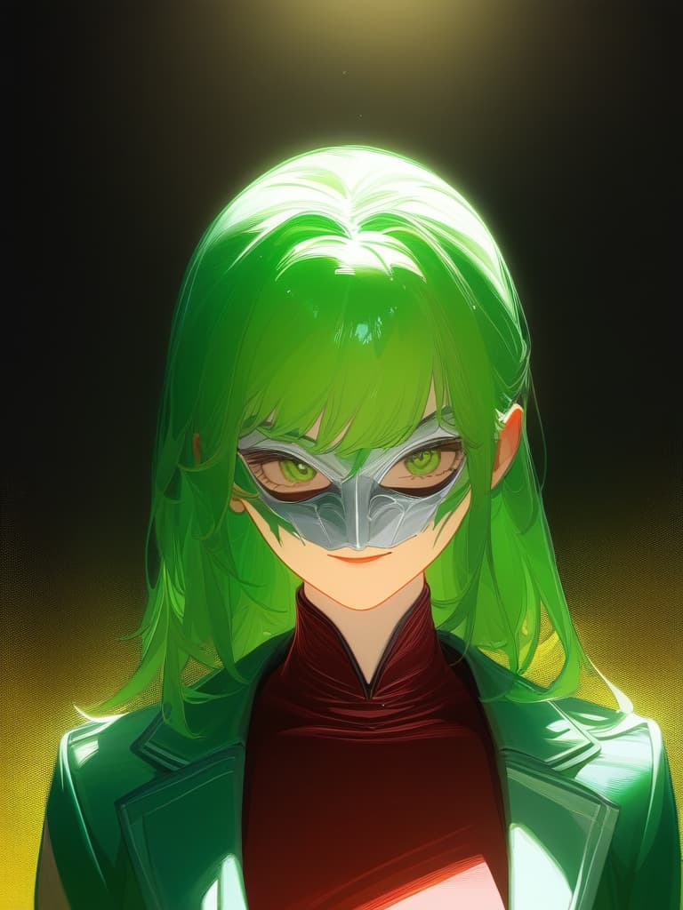  portrait view of a anime women,full white militar uniform hat,half face,joker mask,women face,photorealistic anime style,giger style,pop art tendencies,strong facial expression,(((green hair))),professional illustration,bold colors,chiaroscuro,beautiful shades,intense close ups,bright and glossy surface textures,octane render,zbrush ar 1:1 s 750