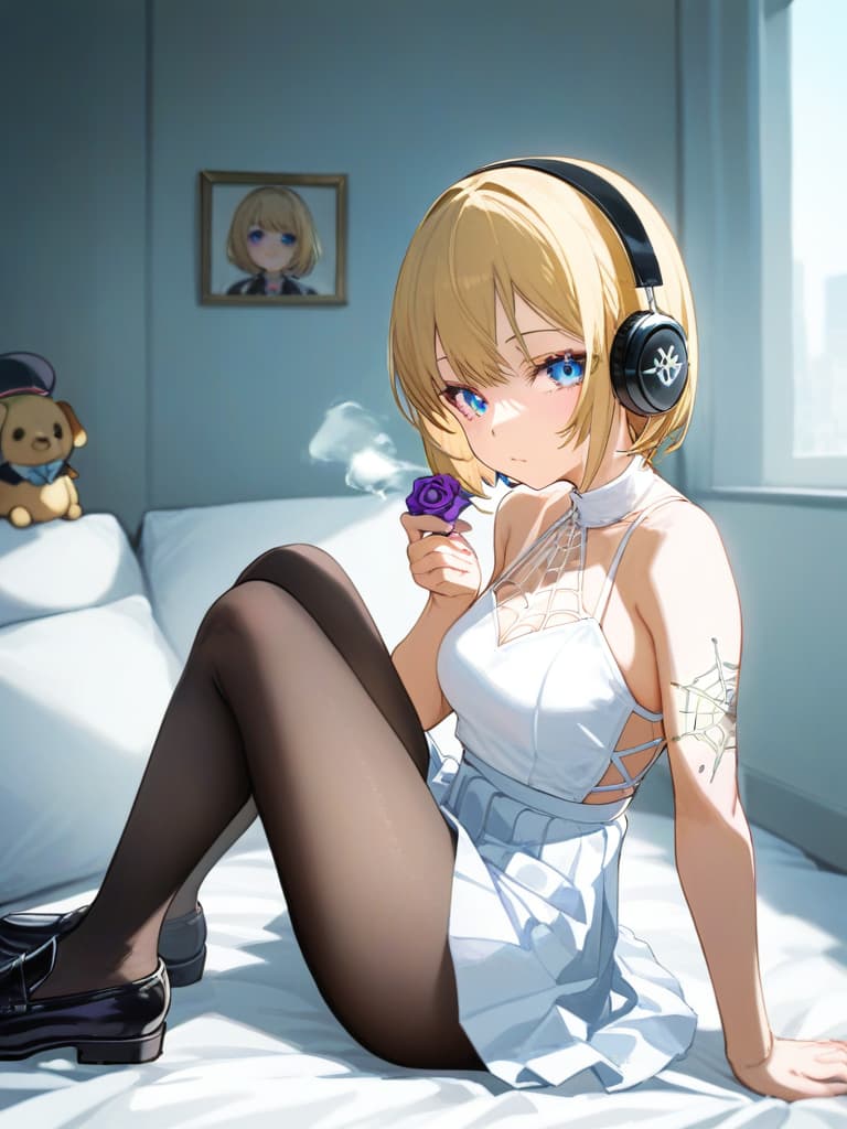  s wearing black tights, headphones, black loafers, whole body, blue eyes , blonde bob cut , white pleated , white sailor suit, with purple rose tattoo on the left , tobacco a smoked , a spider web tattoo, tobacco in the left arm, masterpiece, best quality,8k,ultra detailed,high resolution,an extremely delicate and beautiful,hyper detail