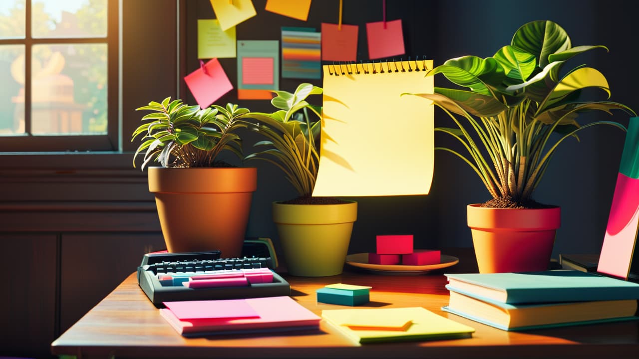  a serene workspace featuring a wooden desk with a notepad, colorful sticky notes, a potted plant, and a vision board filled with inspiring images and goals, illuminated by warm natural light. hyperrealistic, full body, detailed clothing, highly detailed, cinematic lighting, stunningly beautiful, intricate, sharp focus, f/1. 8, 85mm, (centered image composition), (professionally color graded), ((bright soft diffused light)), volumetric fog, trending on instagram, trending on tumblr, HDR 4K, 8K