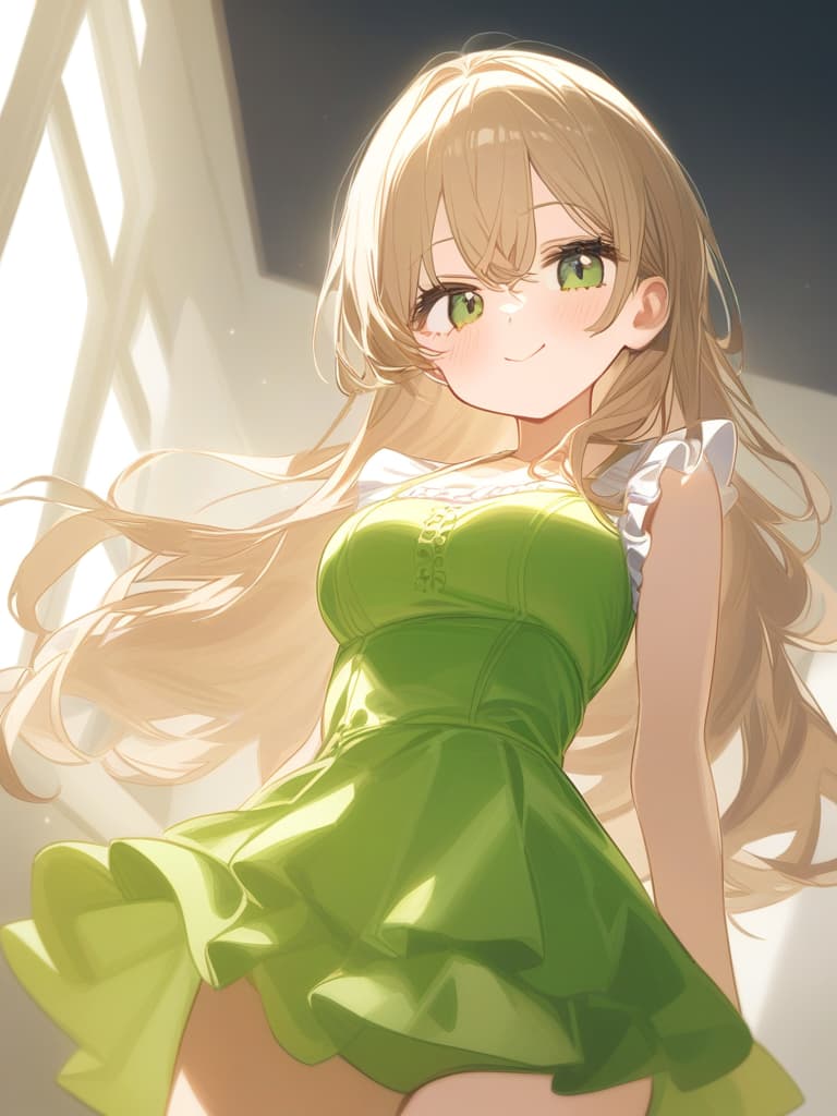  cute face focus,cute,light brown hair,green eyes,cute posing,frill onepiece,long hair