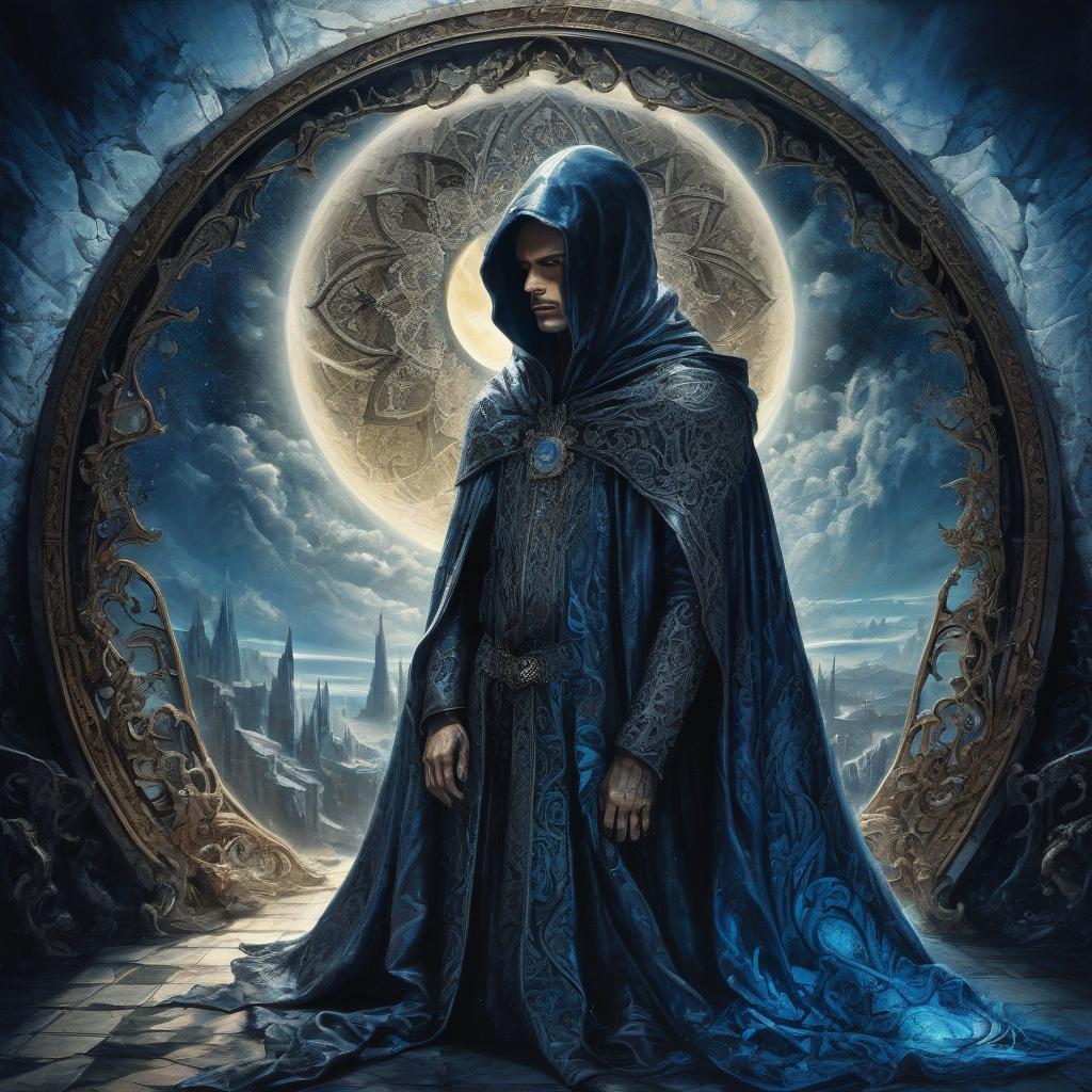  judge on the throne. black dungeon. a man in a cloak and hood. the man in the grotto. judge on the throne. black dungeon. moon. moonlight. big moon. silver rays. (portal: 1,5). portal room. (mirrors: 1.5). (mirror in wall: 1.5). mirror shows blue sky, field, sunlight. another world. double exposure. detailed, detailed drawing. stylistics: intricate zentangle patterns in the manner of karol bak, rahaf dk albab, andrew jones. bright colors. high quality and detail. hdr. masterpiece. double exposure.