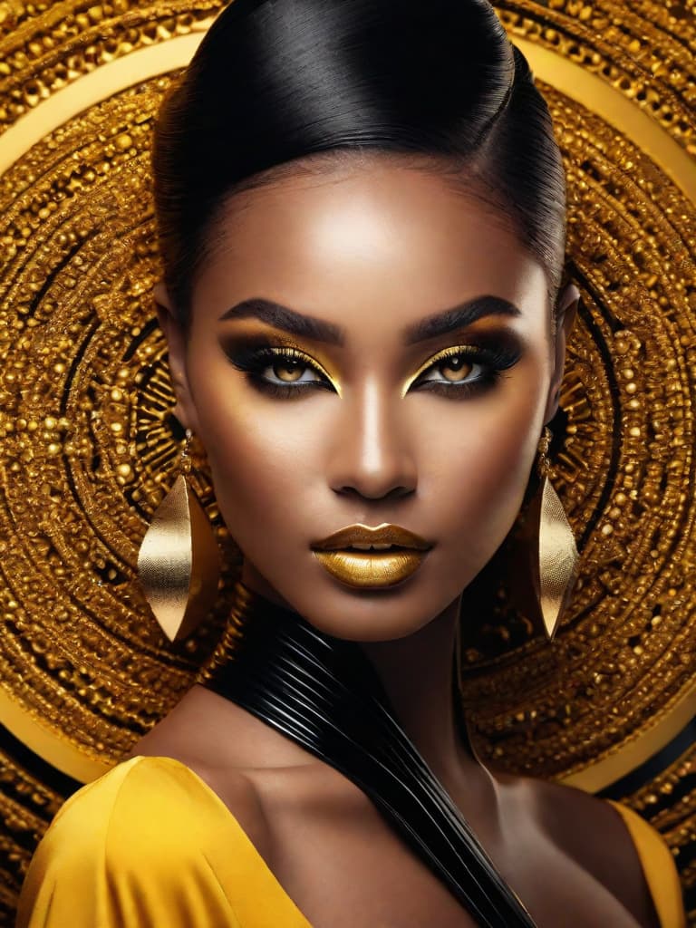  Golden yellow and sleek black color palette, captivating and inviting expression, exuding elegance and charm, magnetic beauty, intricate details, high contrast, luxurious feel, digital art, female, glossy finish, striking composition, dynamic lighting to enhance features.