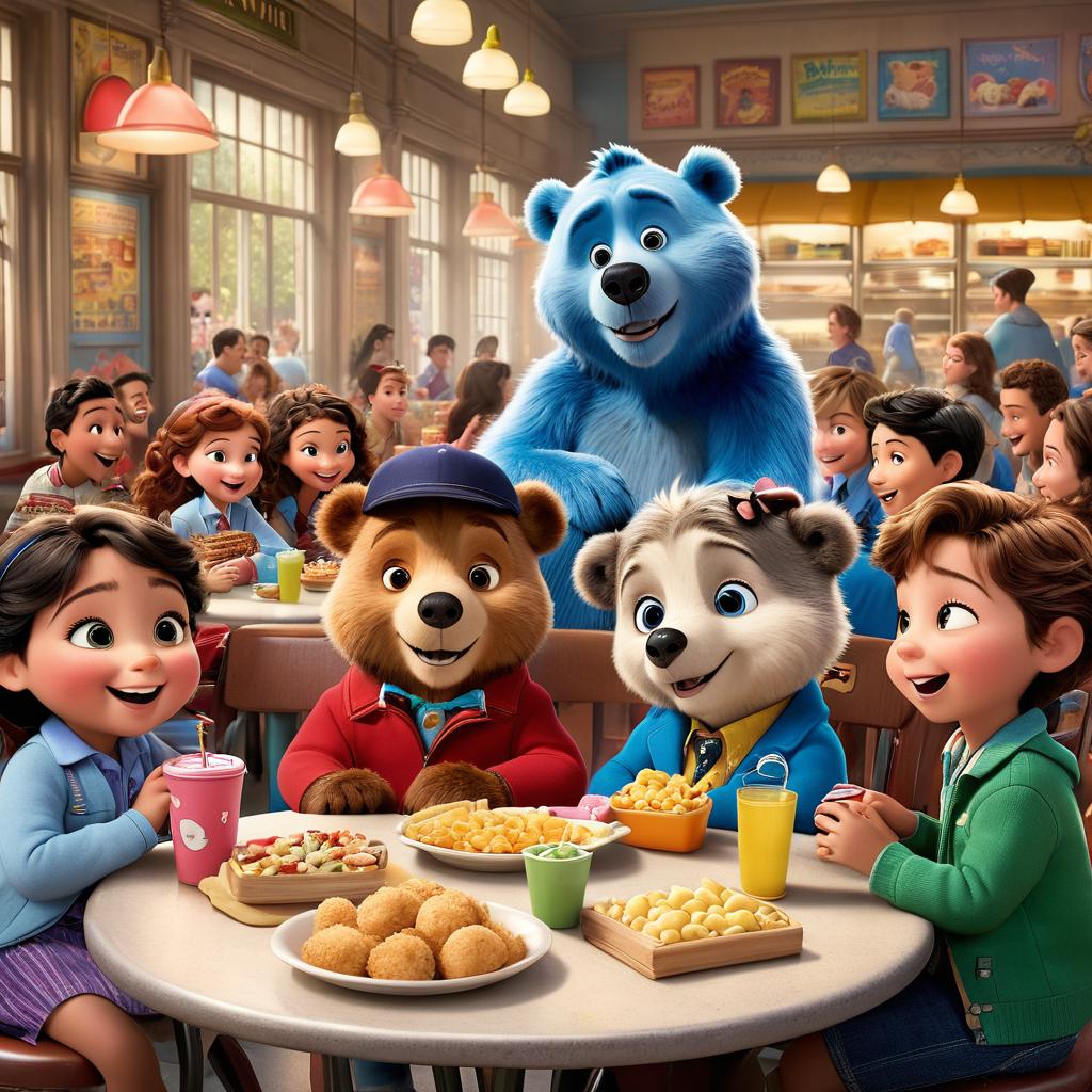  in 3d animated movie style. disney pixar style. "paris, , luna, , and mr. bearington having fun during lunchtime at . paris shares snacks with luna, observed by mr. bearington. set in a vint cafeteria with colorful furniture, scattered lunchboxes, and chatting clmates in the background. high resolution, pixar 3d animated film style with detailed textures. soft, bright lights in pastels and primary colors. scene captured from a slightly elevated angle, focusing on the trio in the center amidst lively lunch chaos."