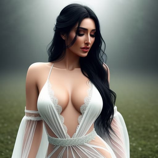  beautiful turkish woman with long black hair dancing happily in torrential rain wearing a sheer white gossamer silk dress with a daring plunging neckline and getting completely soaked and clinging to her body hyperrealistic, full body, detailed clothing, highly detailed, cinematic lighting, stunningly beautiful, intricate, sharp focus, f/1. 8, 85mm, (centered image composition), (professionally color graded), ((bright soft diffused light)), volumetric fog, trending on instagram, trending on tumblr, HDR 4K, 8K