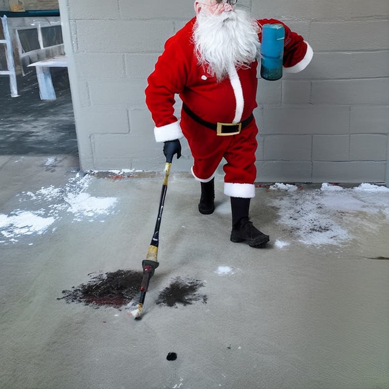  a man with a white beard mid to late 40s wearing a full red santa suit with white cuffs, black boots painting a long wall with a paint roller and an extension pole .