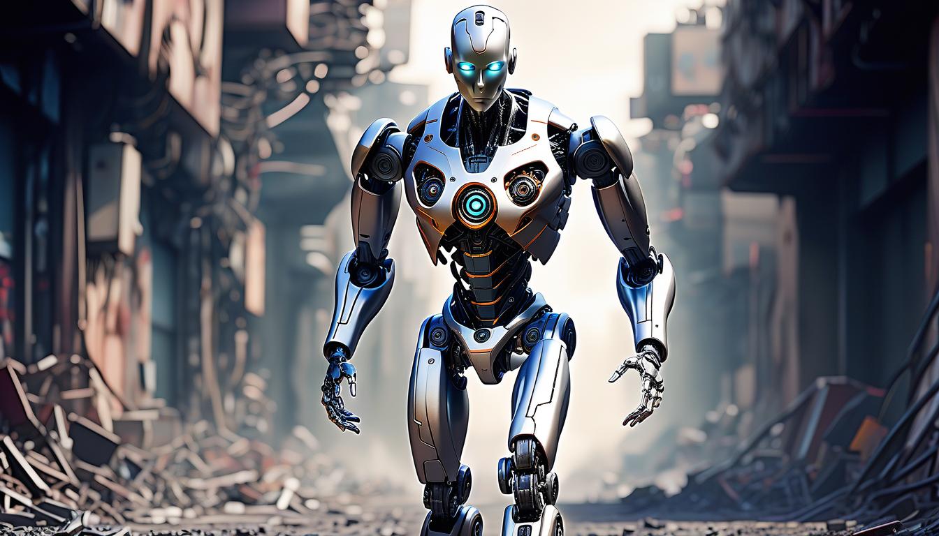  cybernetic style full length humanoid robot, plastic, metal, running apocalypse . futuristic, technological, cybernetic enhancements, robotics, artificial intelligence themes, perfecteyes