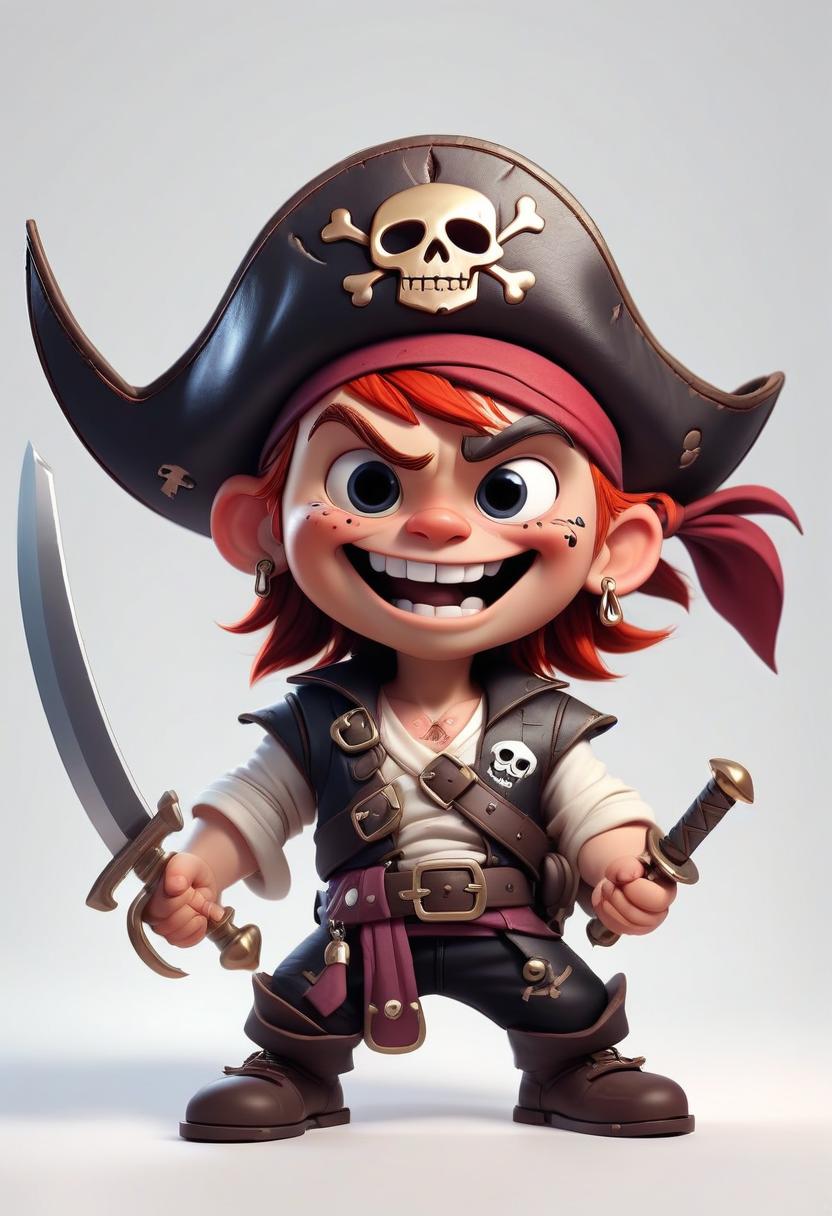  little pirate. smiles. with a sword. there's a triangle on his head. white background.