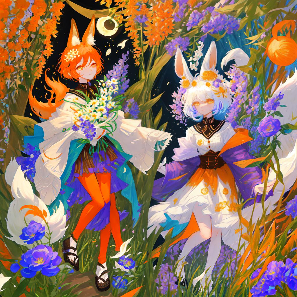  In a field of flowers, the moon rabbit met the fox. The flowers were full of flowers of all colors, and the air was filled with flowers. Character: Fox is a small orange fox with eyes and a sadness. Moon Rabbit gently holds Fox's paw with comforting eyes