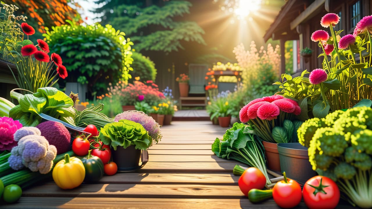  a vibrant garden layout featuring colorful flowers, lush vegetables, and neatly arranged paths, with a wooden garden planner on a rustic table, surrounded by gardening tools, seed packets, and a measuring tape under warm sunlight. hyperrealistic, full body, detailed clothing, highly detailed, cinematic lighting, stunningly beautiful, intricate, sharp focus, f/1. 8, 85mm, (centered image composition), (professionally color graded), ((bright soft diffused light)), volumetric fog, trending on instagram, trending on tumblr, HDR 4K, 8K