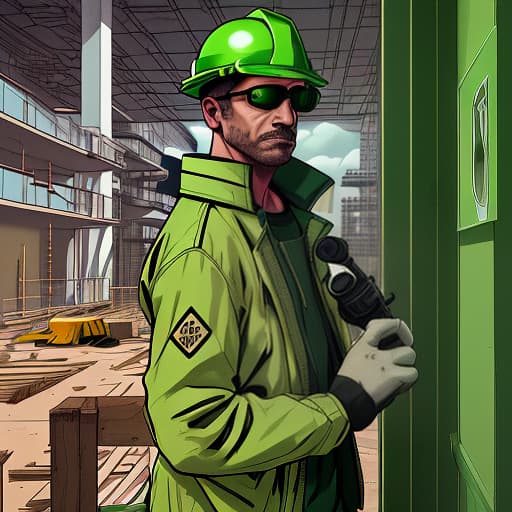  a man in a construction helmet and a green jacket looks through binoculars directly into the frame