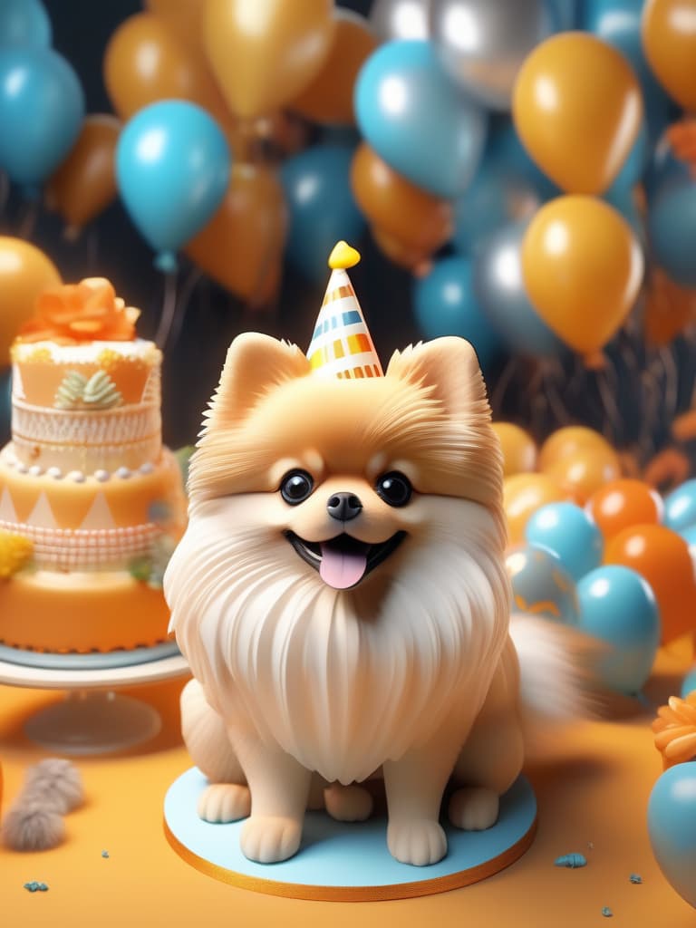  cute pomeranian, orange, smile, birthday cake 🎂, balloon 🎈, happy birthday, 1 pomeranian, masterpiece, best quality,8k,ultra detailed,high resolution,an extremely delicate and beautiful,hyper detail