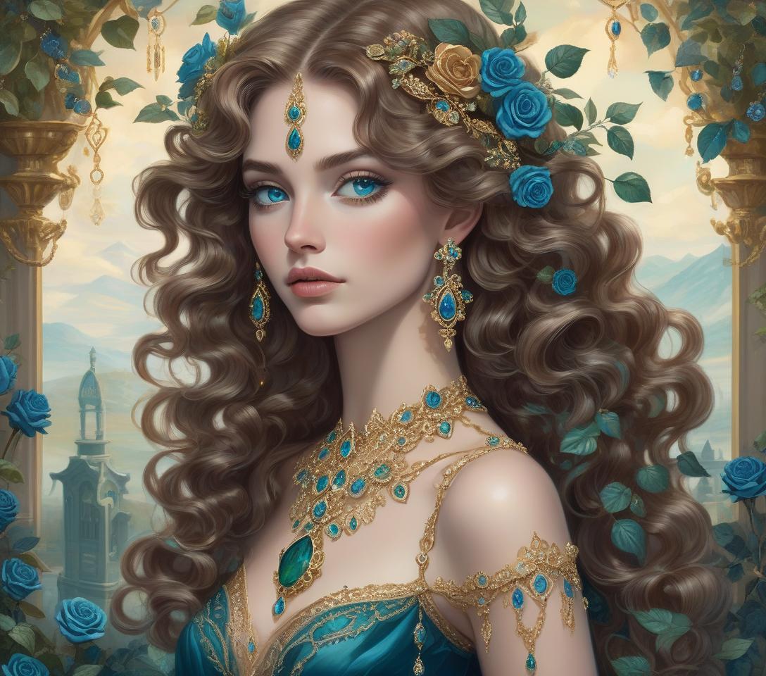  a fantastical portrait of a woman with wavy hair, adorned with jewelry, set against a floral and landscape backdrop. a whimsical, fantasy themed portrait of a young woman with fair skin and large, captivating blue eyes. her long, voluminous wavy hair cascades over her shoulders in shades of chestnut accented with deep gray undertones. she wears an intricate, baroque style headpiece adorned with teal blue roses, emerald green leaves, and delicate gold embellishments, complementing her ornate teal and gold chandelier earrings and matching necklace, both encrusted with sapphires and emeralds. the woman's expression is serene yet enigmatic, with a slight tilt of her head, as she rests her chin gracefully on her upraised right hand. her left a