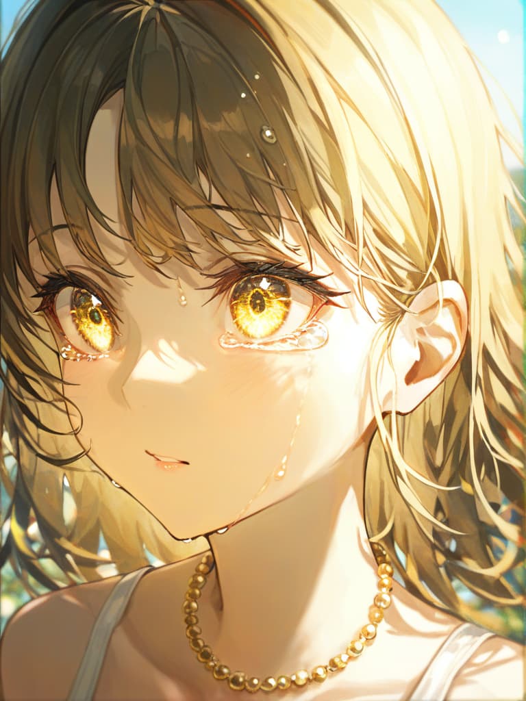  golden eyes, transparent face, golden long long wave hair, shifting only face, tears of pearls, sparkling around, round yellow ring on the head., masterpiece, best quality,8k,ultra detailed,high resolution,an extremely delicate and beautiful,hyper detail