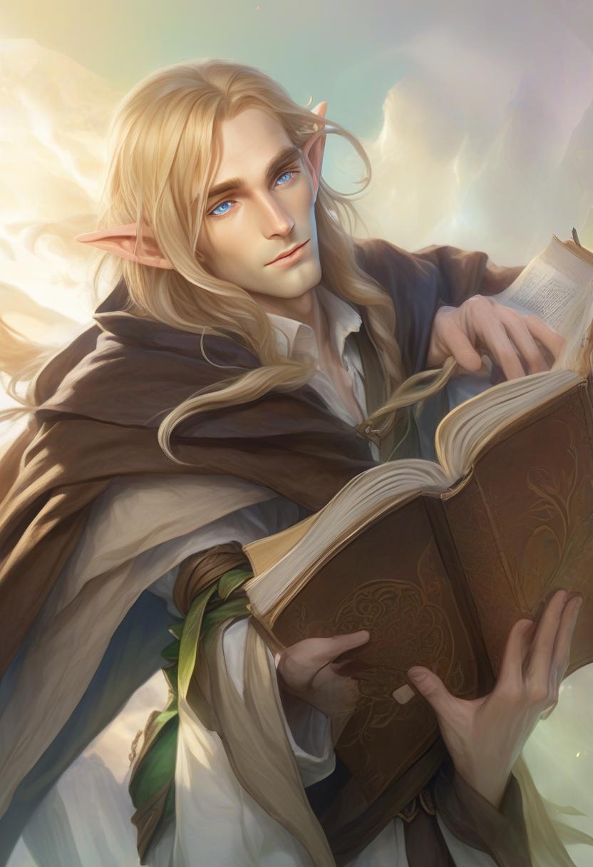  role playing game (rpg) style fantasy a beautiful elf with long straw hair and blue eyes, dressed in a white shirt and beige pants, hangs a brown cloak on his shoulders, holds an open book in his hands . detailed, vibrant, immersive, reminiscent of high fantasy rpg games, hkmagic