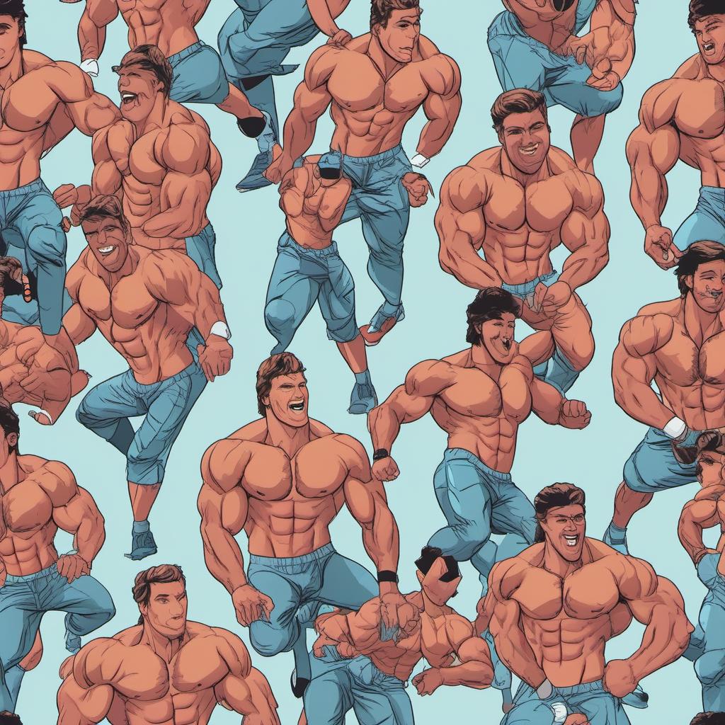  strong muscular men wearing adult diapers with cartoon designs, profile image style