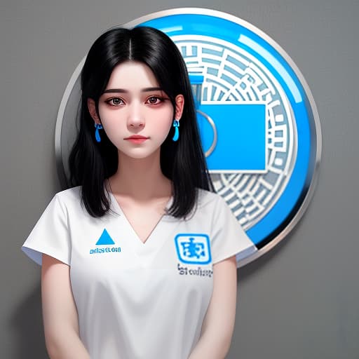  a pale faced girl with medium length black hair. her eyes are light gray in color. there are piercings in her ears. she is dressed in a white hospital gown, on which the "gemini" clinic logo is embroidered in blue letters on the left side. in her hands is a small long and thin tube with a red liquid