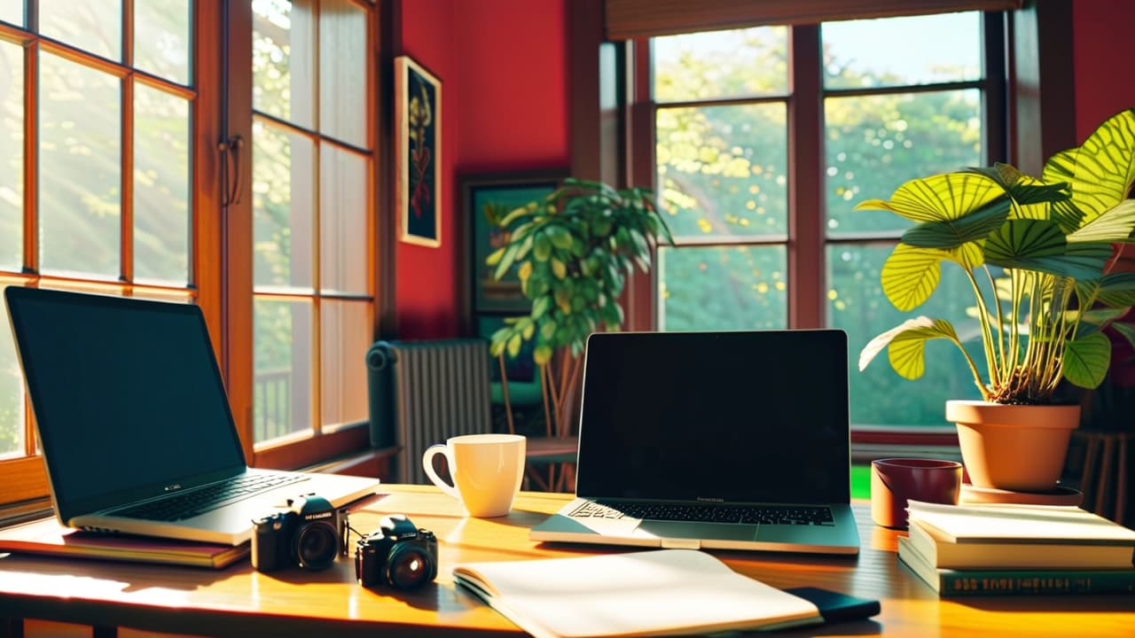  a cozy home workspace with a laptop, a camera on a tripod, scattered photographs, a notepad filled with ideas, natural light streaming through a window, and a coffee cup steaming beside a plant. hyperrealistic, full body, detailed clothing, highly detailed, cinematic lighting, stunningly beautiful, intricate, sharp focus, f/1. 8, 85mm, (centered image composition), (professionally color graded), ((bright soft diffused light)), volumetric fog, trending on instagram, trending on tumblr, HDR 4K, 8K