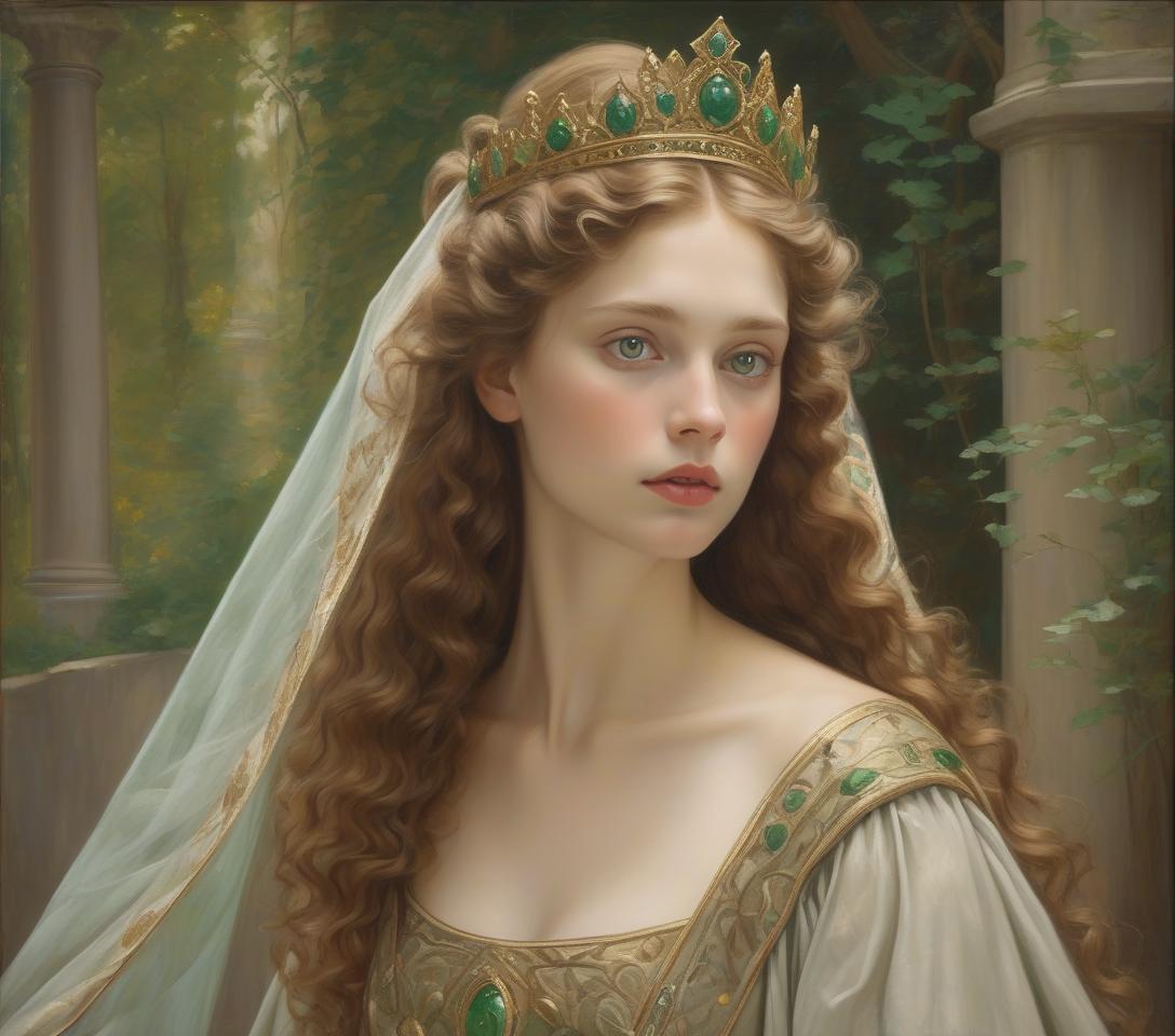  ultra realistic oil on canvas of a princess wearing a noble roman she has fair skin with a cool undertone and light brown voluminous curly long hair she is tunic she looking slightly upwards she wears a veil around her hair she wears she has green dreamy eyes do not add makeup use pre raphaelite techniques