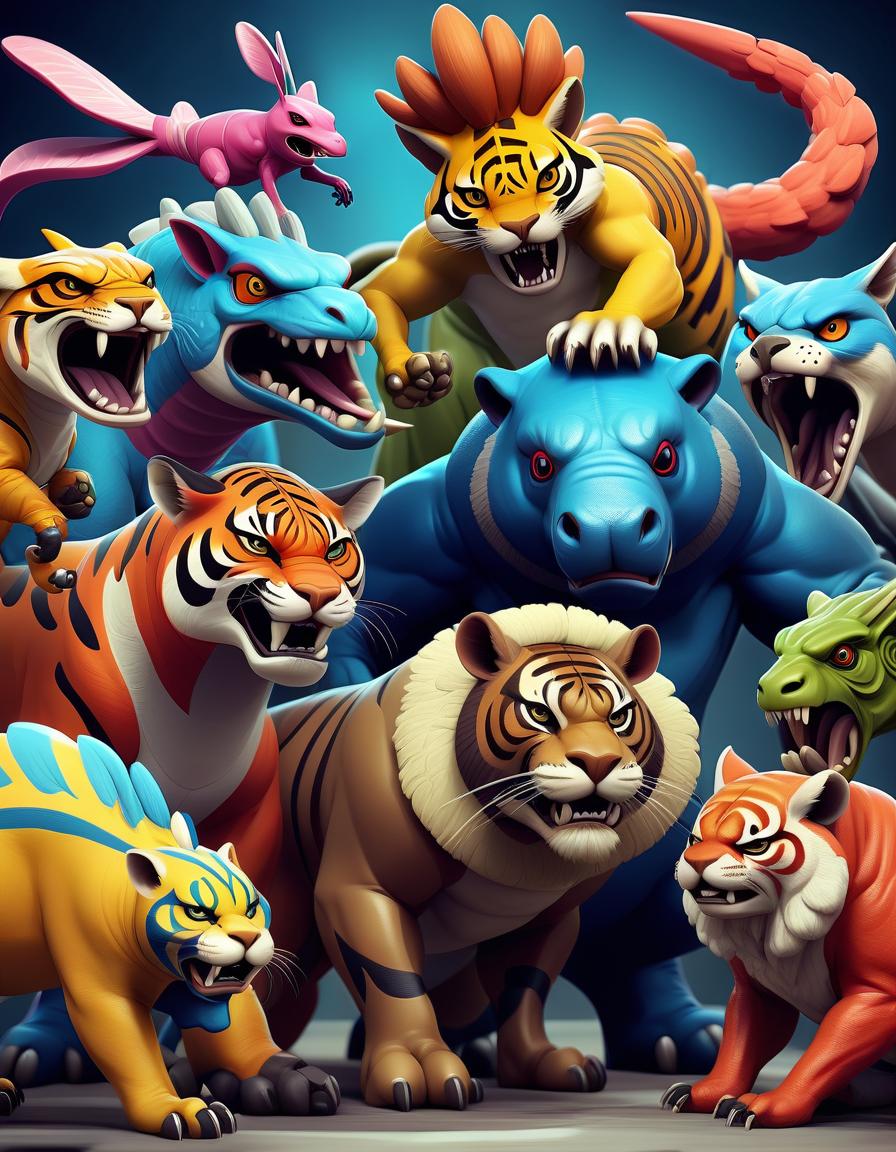  fighting game style the world of fantastic animals: a picture depicting diverse, bright and unusual animals, each with its own unique design and textures, intertwined in a single space. . dynamic, vibrant, action packed, detailed character design, reminiscent of fighting video games