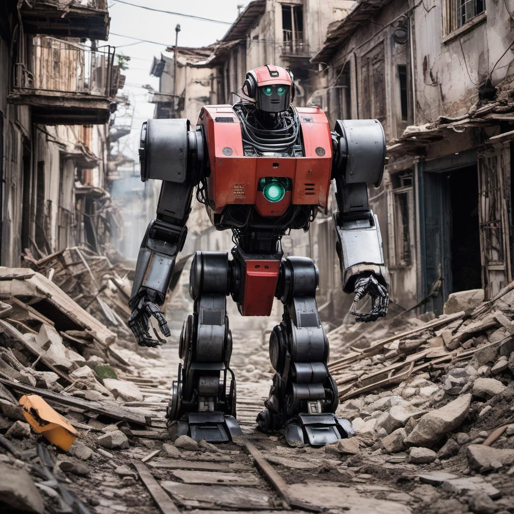  un robot rouillé qui marche dans une grande ville en ruines , profile image style