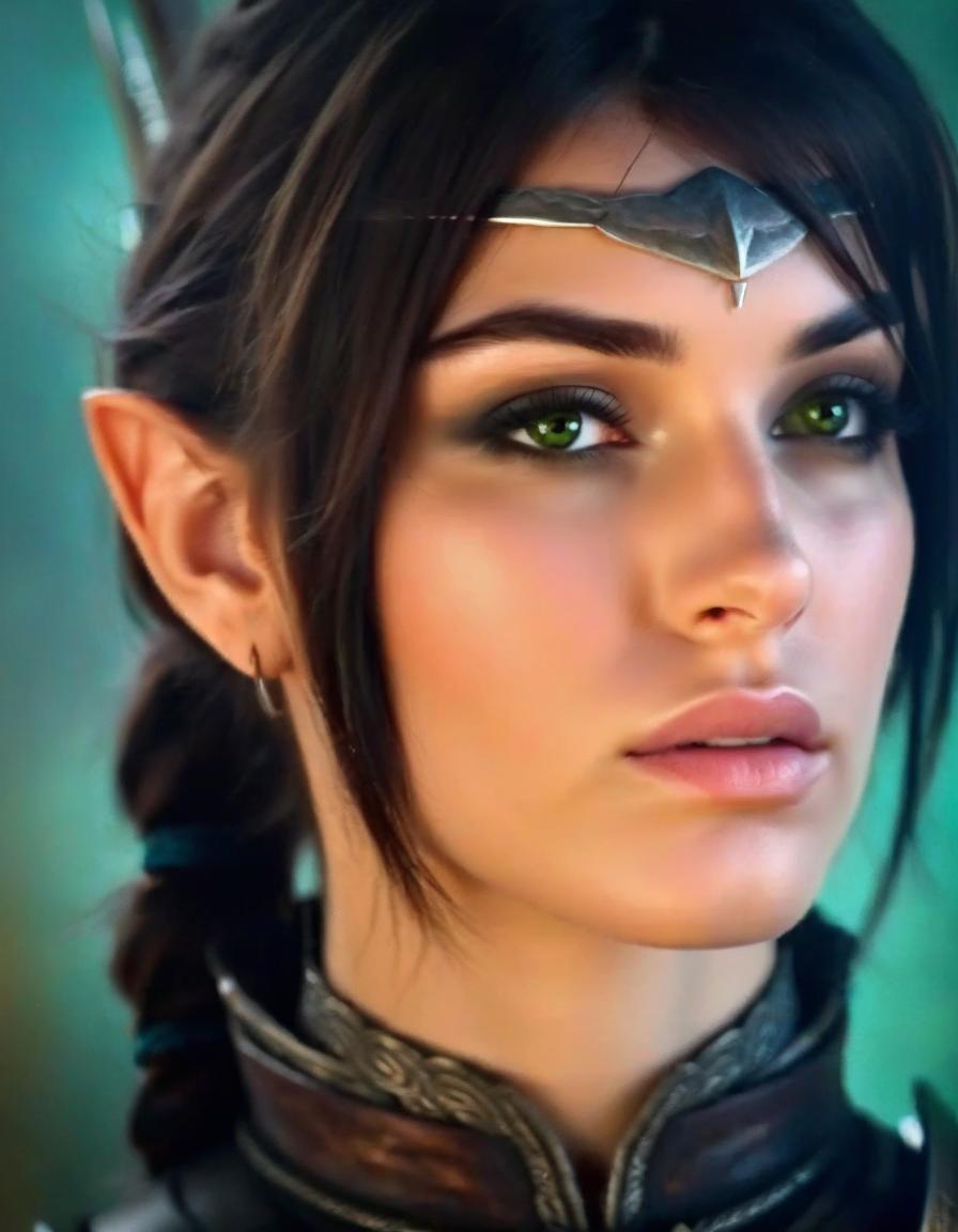  hdr photo of create a highly detailed portrait of a young female warrior with striking features, slender, angular face with high cheekbones and a sharp jawline, skin is fair and smooth, with a few faint scars on her left cheek, eyes are almond shaped and a deep, piercing green, giving her an intense, focused expression, gaze is serious, almost stern, reflecting her determination and inner strength, eyebrows are dark and well defined, arching slightly to add to her determined look, hair is dark brown, almost black, and is cut short, framing her face in a slightly tousled style, a small section of her hair is tied back with a thin, silver circlet adorned with a dark gemstone in the center, resting on her forehead, ears are slightly pointed, s