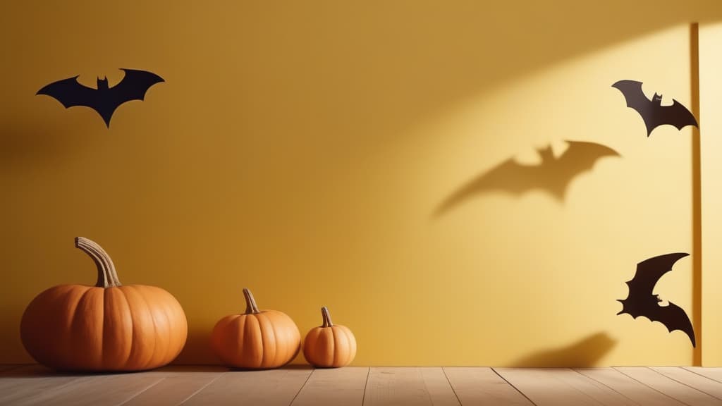  cinematic film style, banner, top view, 2/3 free space for text, on a clean yellow background on the left there are decorative bats, ghosts and pumpkins ar 16:9, shallow depth of field, vignette, highly detailed, high budget Hollywood movie, bokeh, cinemascope, moody, epic, gorgeous, film grain, grainy, sun rays and shadows on furniture and surfacesб flattering light, RAW photo, photography, photorealistic, ultra detailed, depth of field, 8k resolution , detailed background, f1.4, sharpened focus, sharp focus