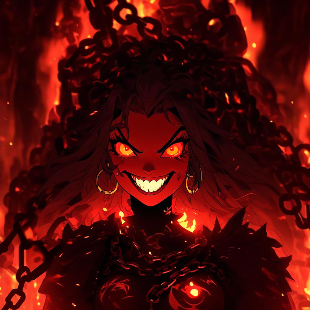  a woman that is standing in front of a fire, ((chains)), evil smile and glowing eyes, artistic render, only red colour, deathwing, shackled in the void, incandescent, discord pfp, lava rock, f 2, aggresive, maiden, chain