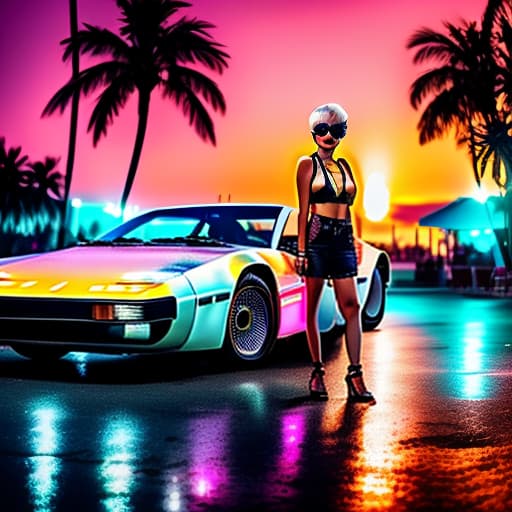  digital photo. a woman in sunglasses with a choker necklace and short white hair stands next to a delorian dmc 12. a short pixie haircut. neon inscription "cherry." sunset. sea. palm trees. high detail.