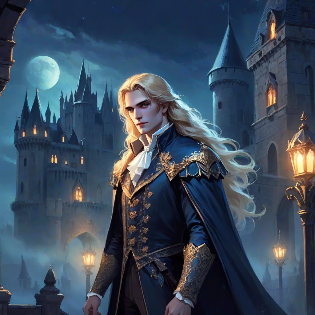  ethereal fantasy concept art of a young vampire aristocrat in rich clothes with long blonde hair, at night, near the castle, with a small crown on his head . magnificent, celestial, ethereal, painterly, epic, majestic, magical, fantasy art, cover art, dreamy