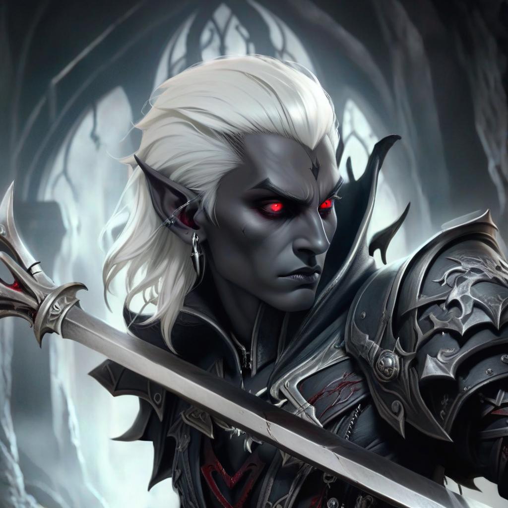  macabre style drow male elf cleric, graphite color skin, red eyes, silver medium haircut, white eyelashes, white brows, black leather jacket, dark cave temple . dark, gothic, grim, haunting, highly detailed