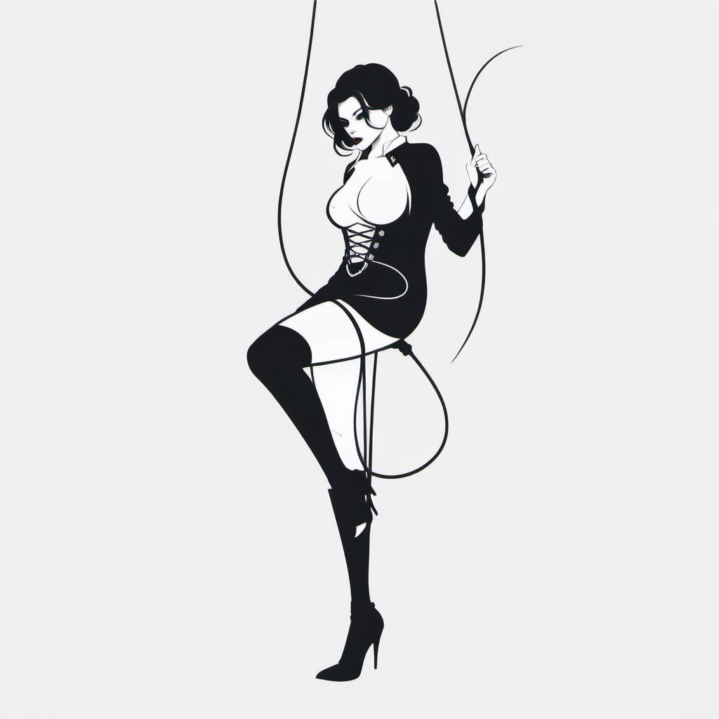  silhouette style women (1.1), young, rope bondage, vampire (0.9), stockings, black background, black and white (1.3), sketch (1.1) . high contrast, minimalistic, black and white, stark, dramatic, logo