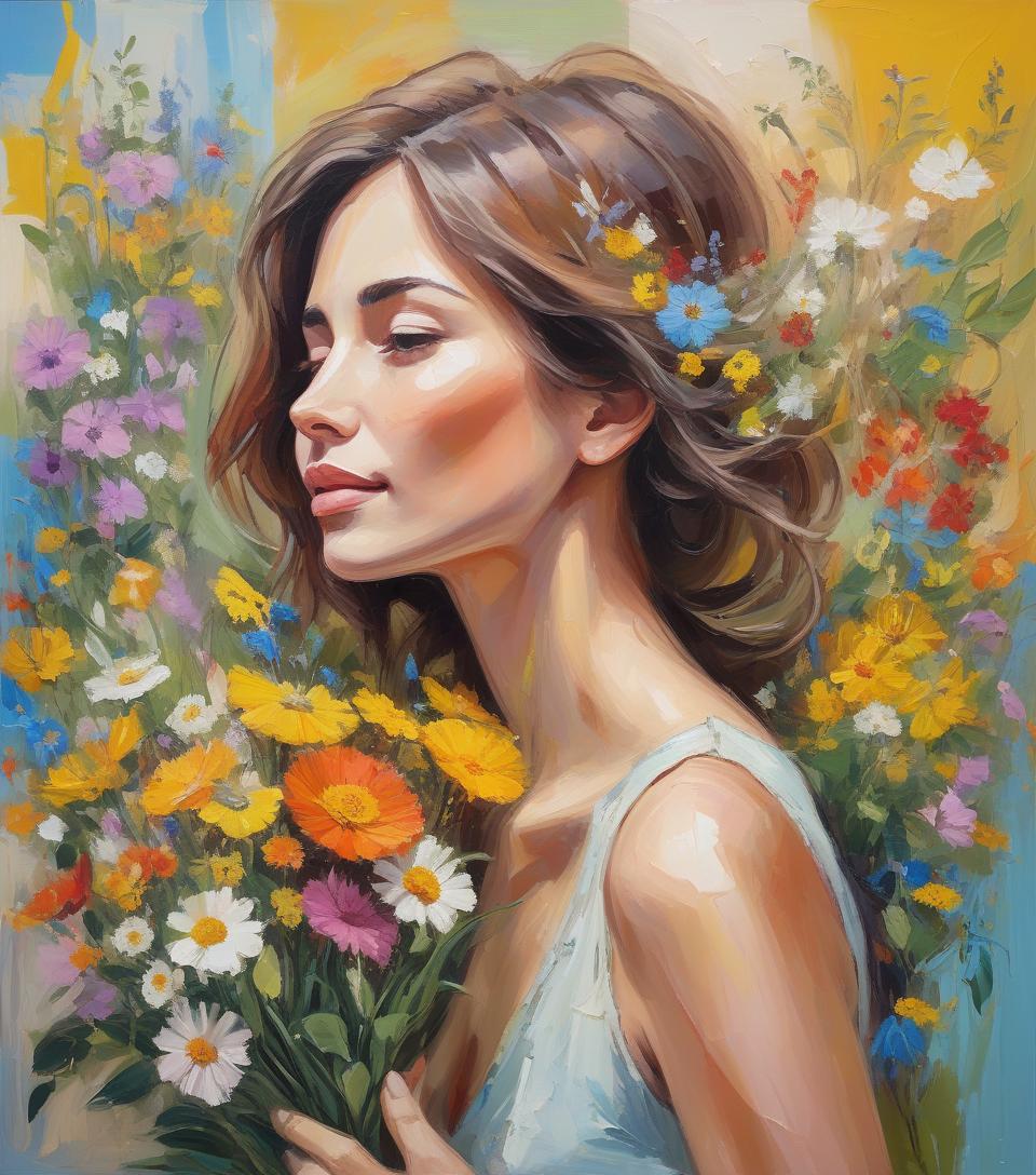  abstract expressionist painting garden wonders, beautiful woman holding a bouquet of wild flowers to her face, detailed summer garden background, wearing a summer dress, perfect face, delicate face, vivid colors, happiness, oil painting, expressive brushwork, highly detailed, delicate details . energetic brushwork, bold colors, abstract forms, expressive, emotional