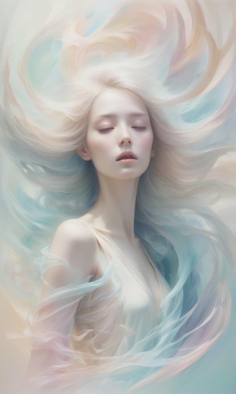  ethereal character, dissolving in the flow of time, airy colors, pastel tones